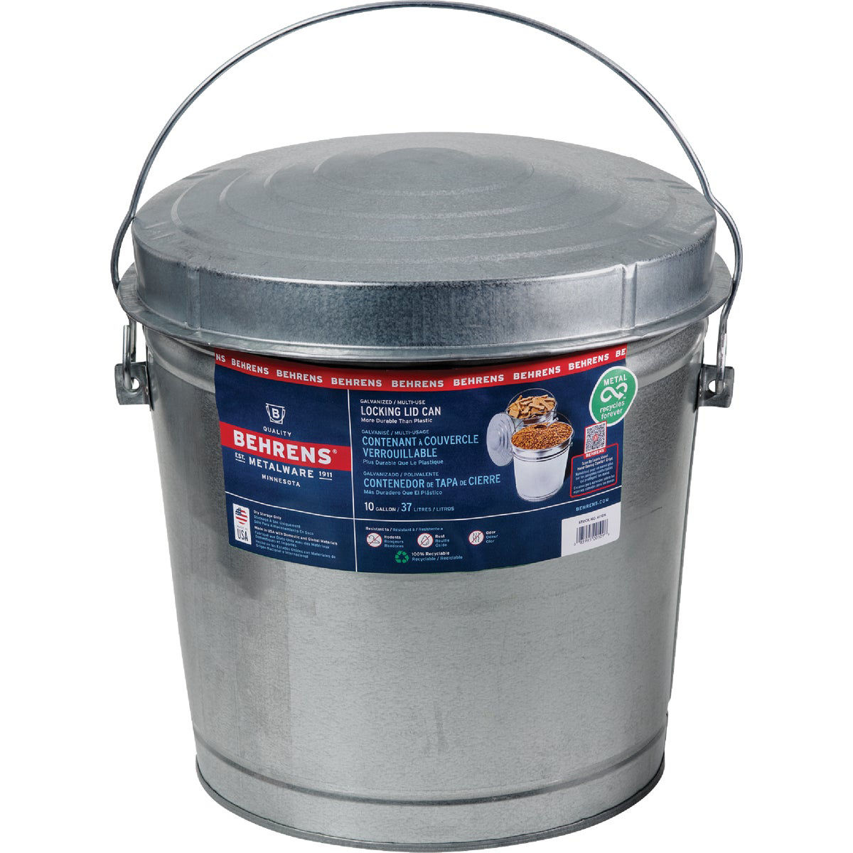 Behrens 10 Gal. Galvanized Locking Lid Trash Can with Lid