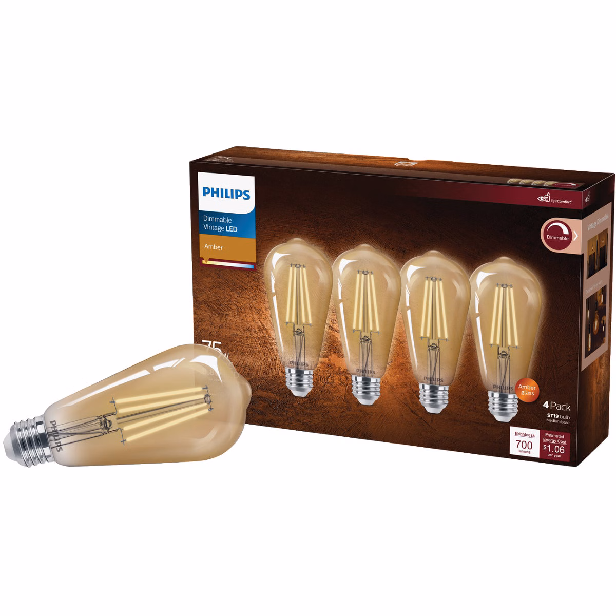 Philips Vintage 75W Equivalent Amber ST19 Medium LED Decorative Light Bulb (4-Pack)