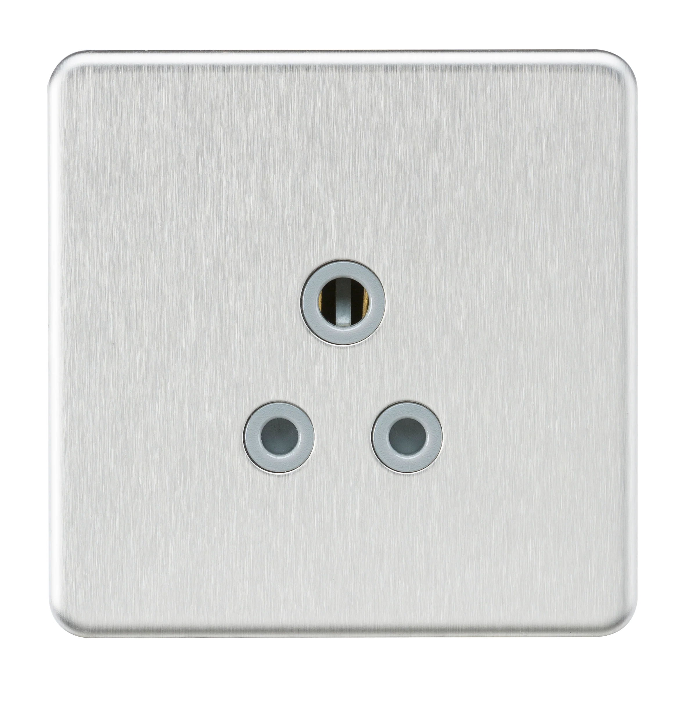 Screwless 5A Unswitched Round Socket – Brushed Chrome with Grey Insert