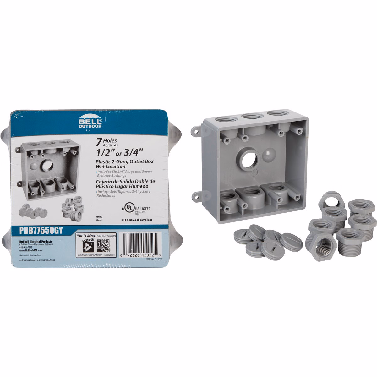Bell 2-Gang 1/2 In.,3/4 In. 7-Outlet Gray PVC Weatherproof Outdoor Outlet Box
