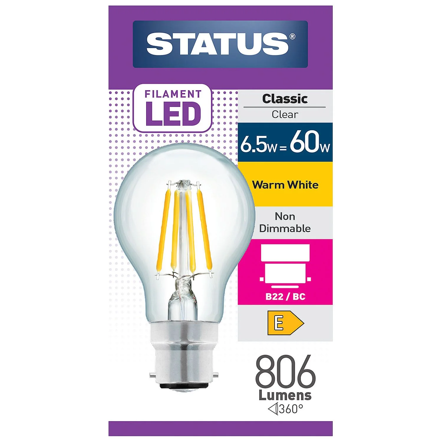 6.5 = 60w = 806 lumens – Filament LED – A60 GLS – BC – Clear – Warm White