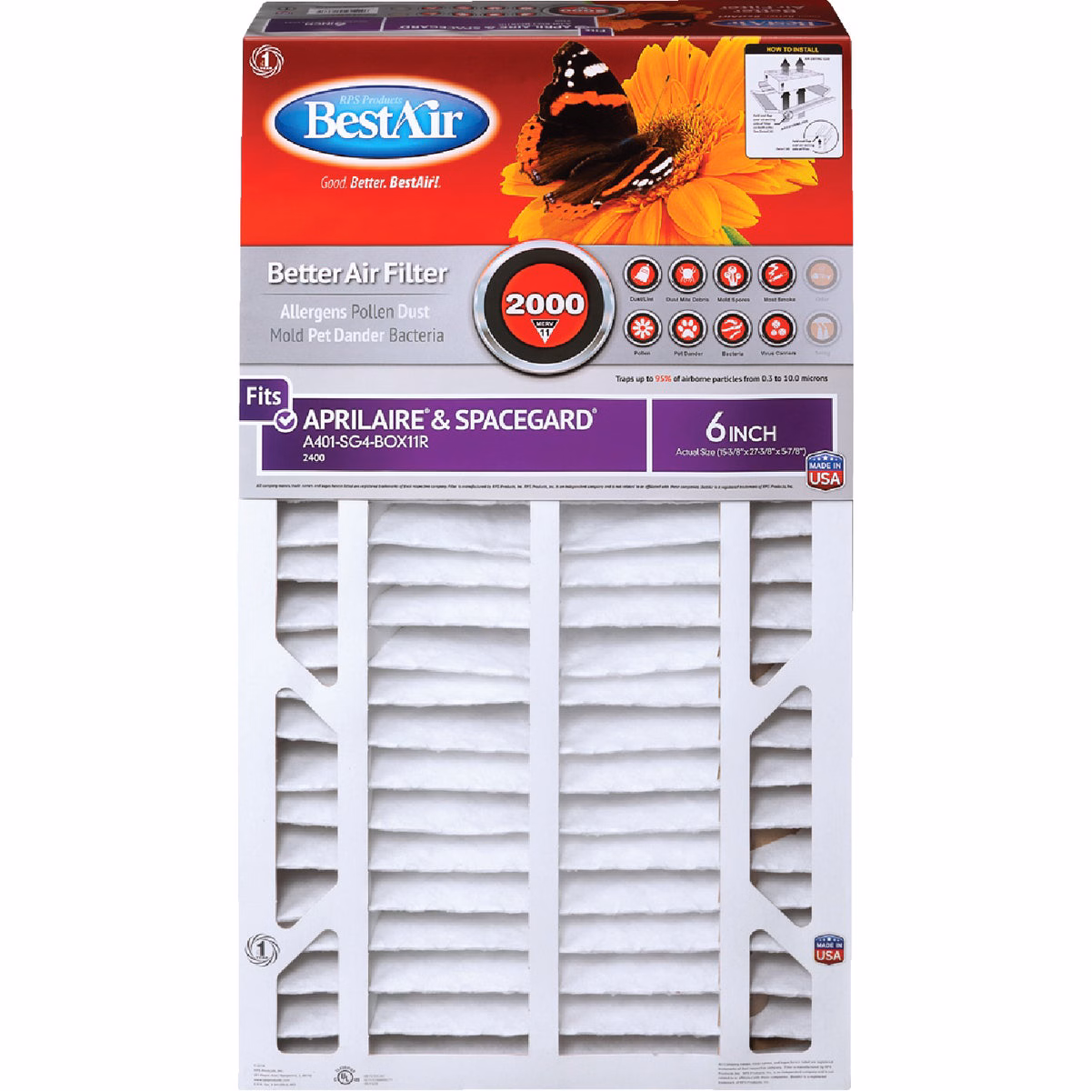 BestAir 16 In. x 27 In. x 6 In. Aprilaire & SpaceGard MERV 11 Deep Pleat Furnace Filter with Cardboard Frame