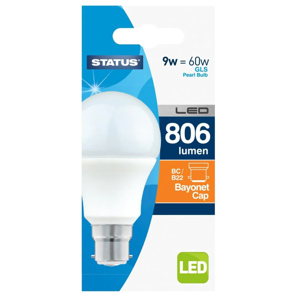 9w = 60w =  806 lumens – LED – A60 GLS – BC – PA – Pearl – Warm White