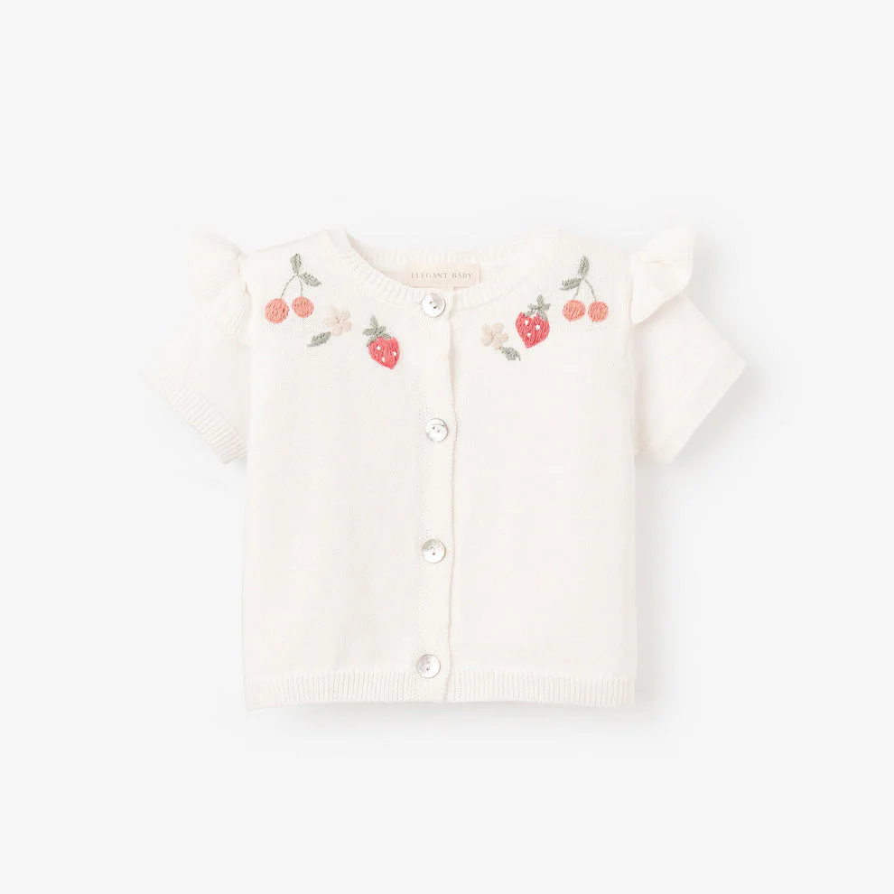 STRAWBERRY FLUTTER SLEEVE HAND-EMBROIDERED BABY CARDIGAN
