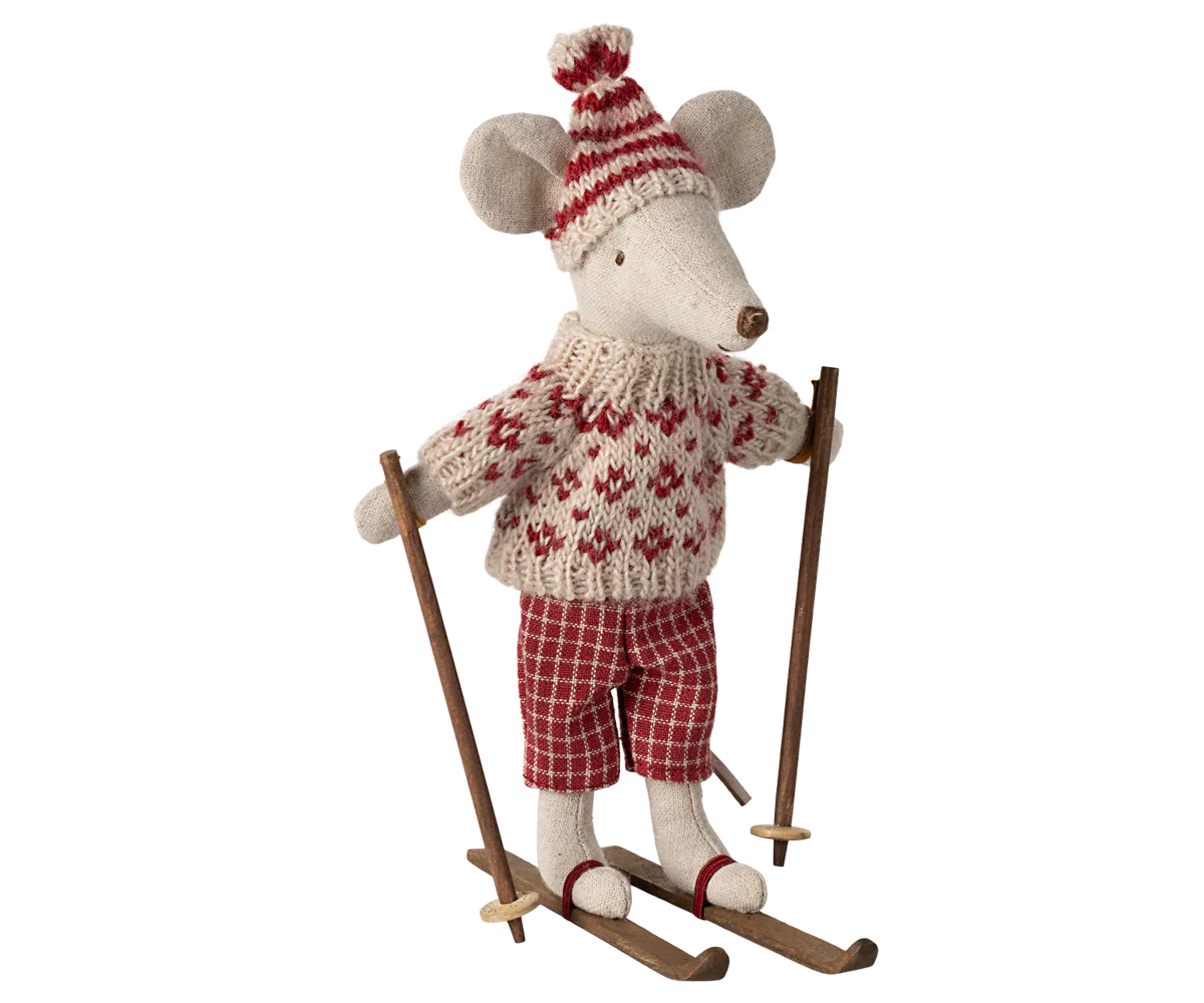 Winter mouse with ski set, Mum – Red