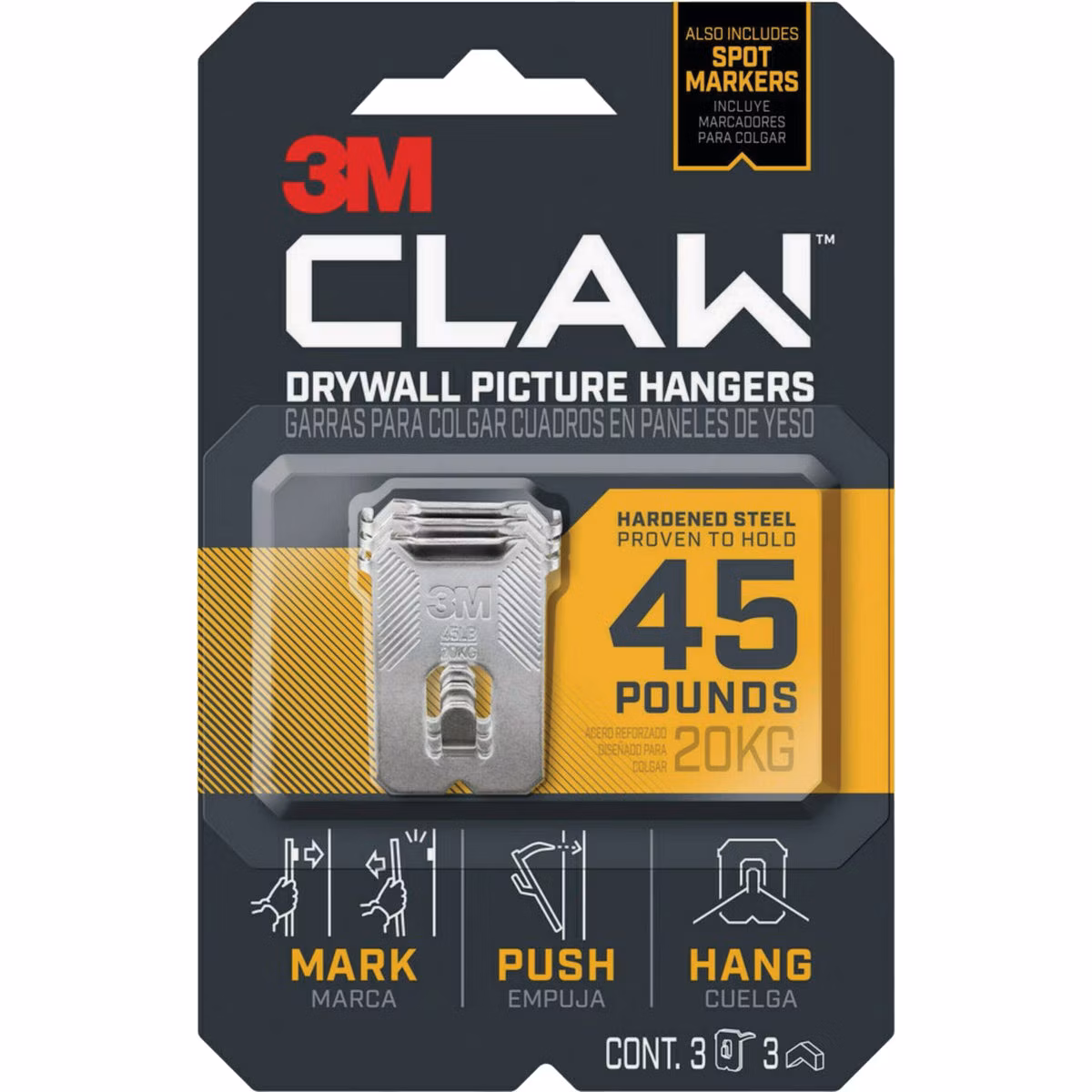 3M Claw Drywall Picture Hanger with Temporary Spot Marker, Holds 45 Lb., 3 Hangers, 3 Markers