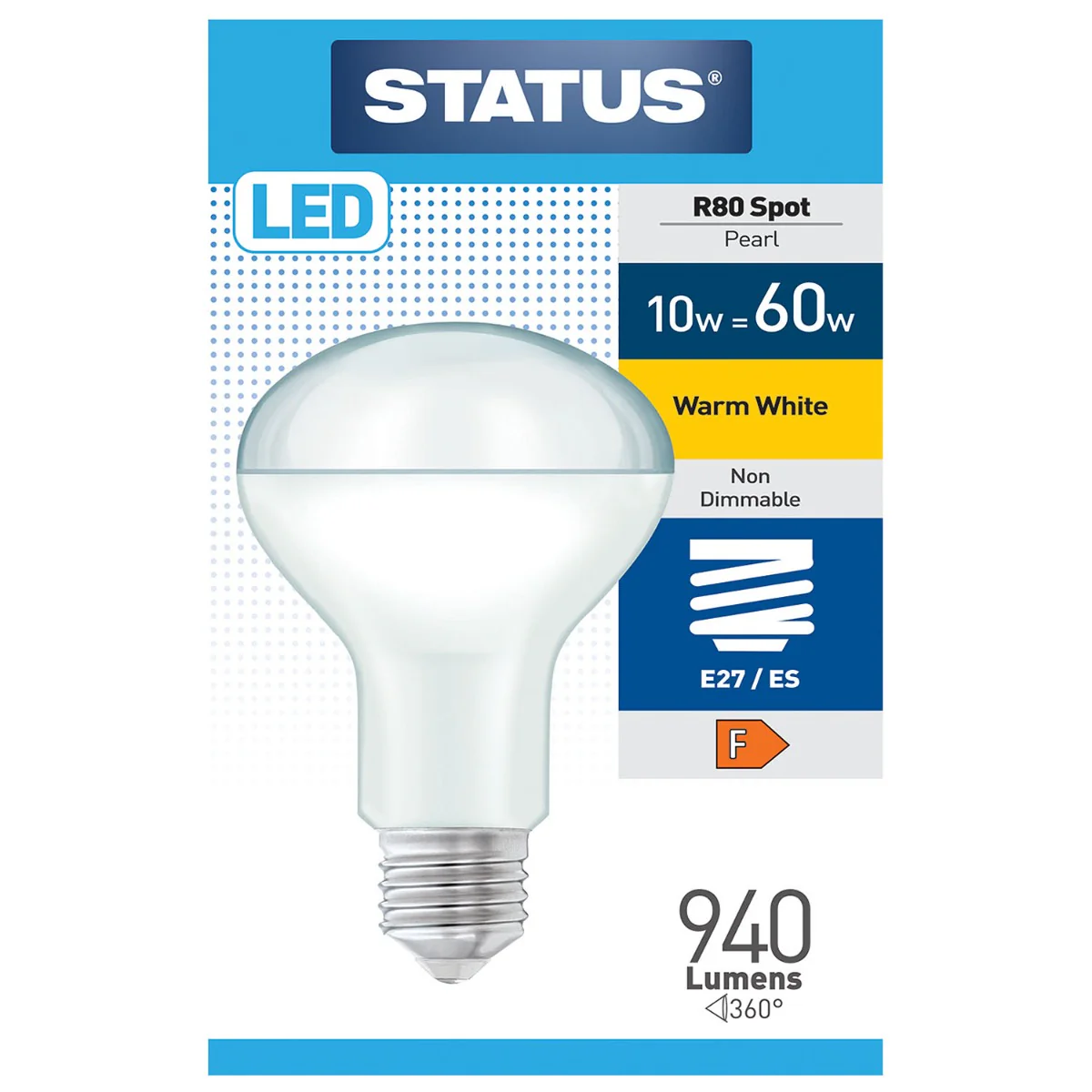 10w = 60w = 940 lumens – Status – LED – R80 – Reflector Spot – E27 – Warm White