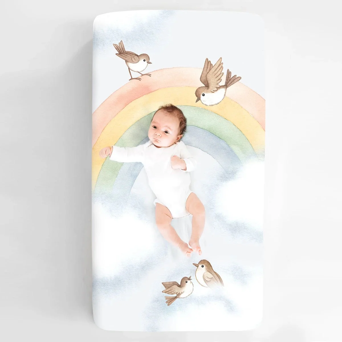 Rookie Humans – Standard Size Cotton Crib Sheet: Rainbow and Birds