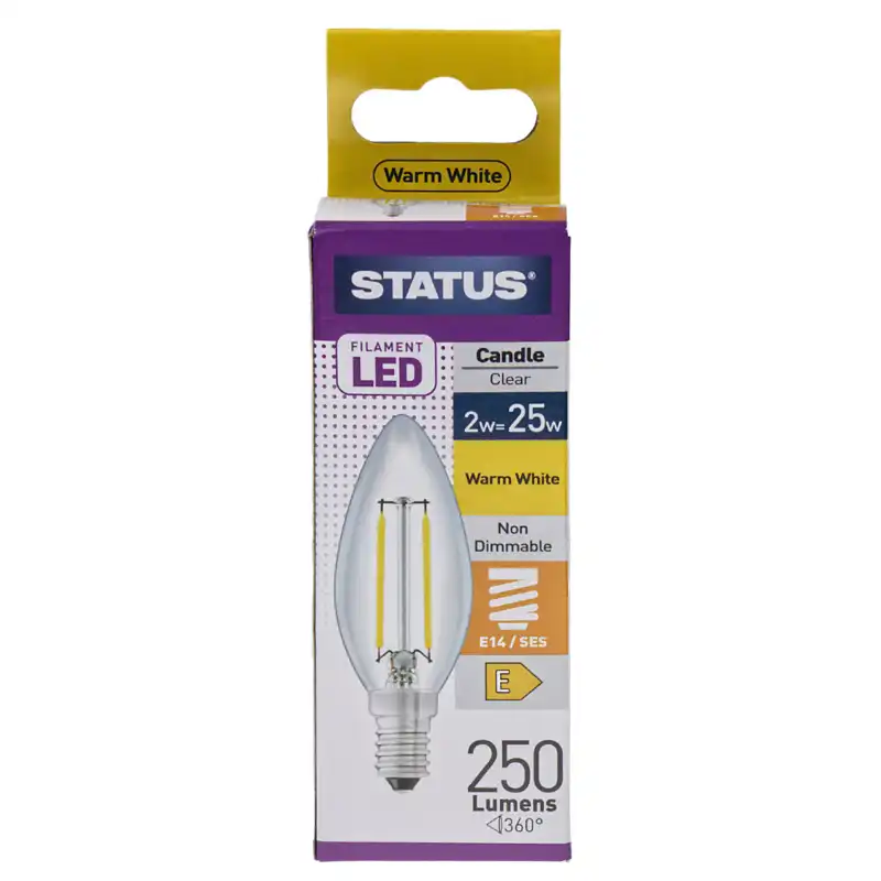 2w = 25w =  270 lumens – Filament  LED – Candle – SES – Clear – Warm White