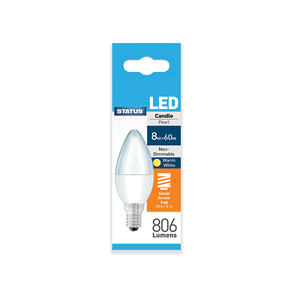8w = 60w =  806 lumens – LED – Candle – SES – PA – Pearl – Warm White