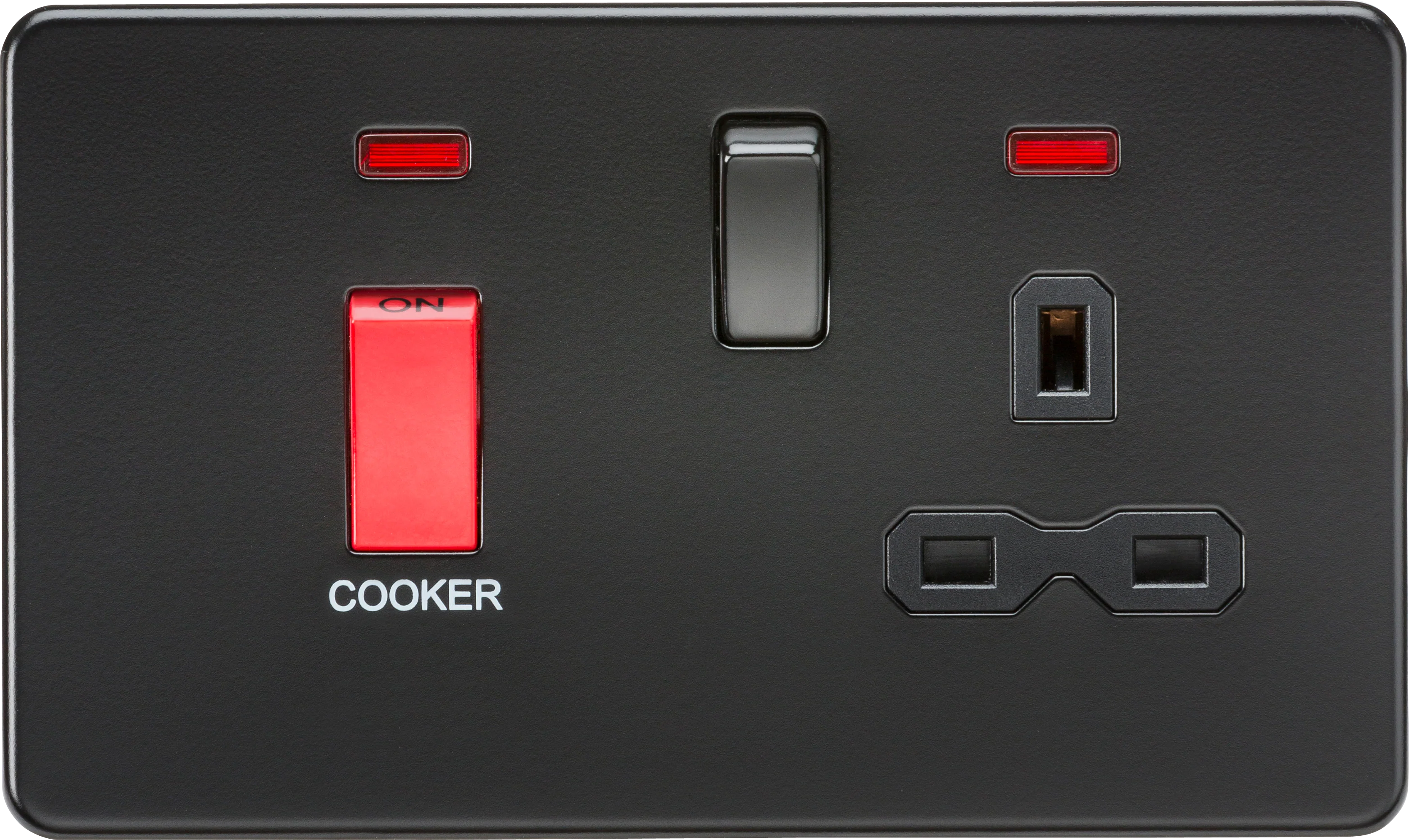 Screwless 45A DP switch and 13A switched socket with neons – matt black with black insert