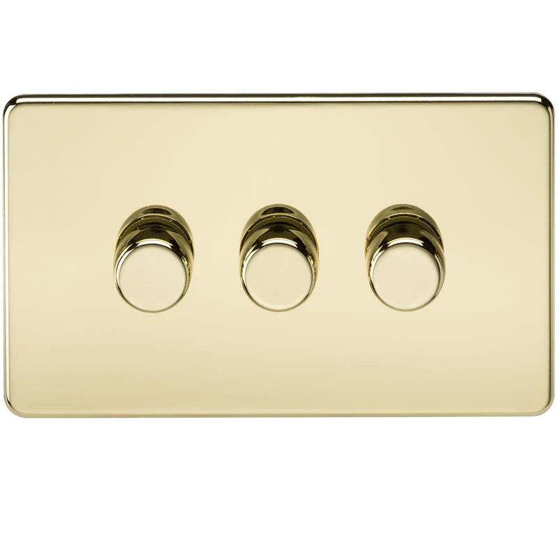 10-200W 3G 2 Way 230V Screwless Polished Brass Electric Dimmer Switch Led Compatible
