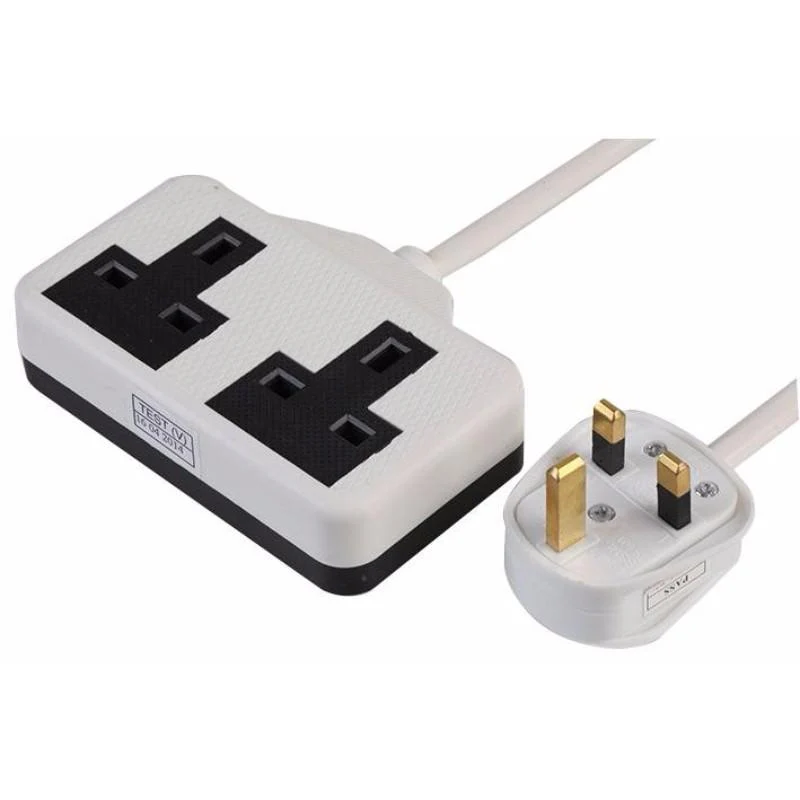 White UK 3 Pin Plug With 2 Gang 2G Socket Extension Cord Cable Lead – 10m