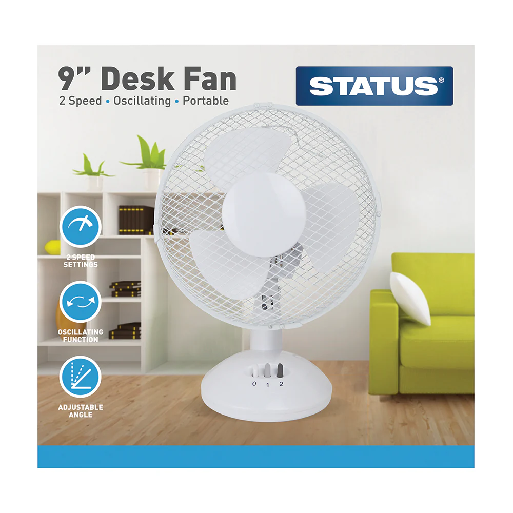 9 Inch White Desk Fan – Oscillating – 2 Speed Settings