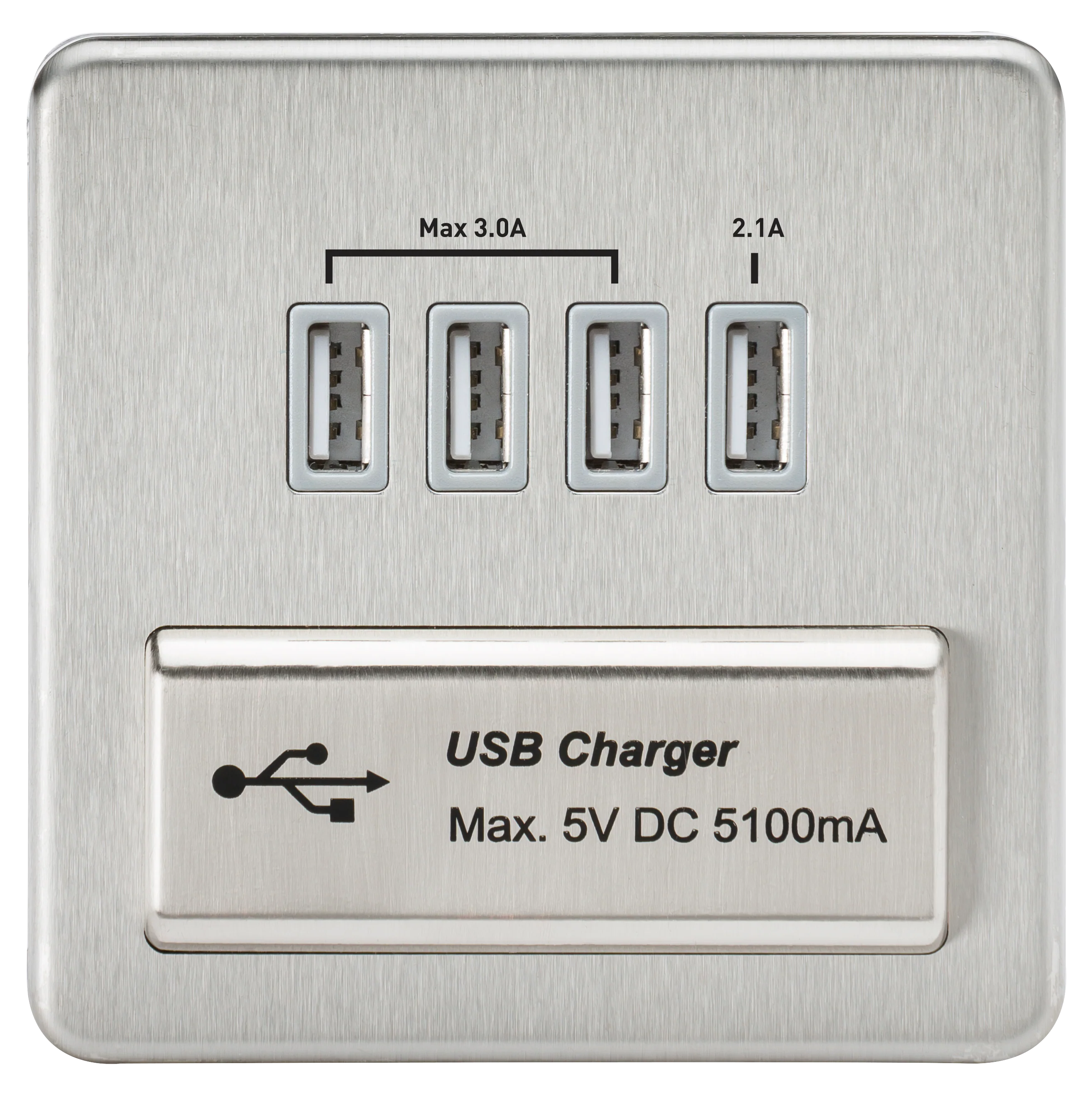 Screwless Quad USB Charger Outlet (5.1A) – Brushed Chrome with Grey Insert